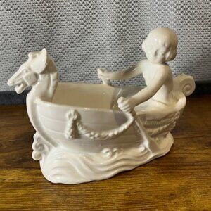 Erphila of Czechosolovakia Ceramic‎ Child in a Boat Decor 7" White